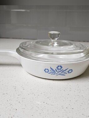 Corningware White Skillet with Blue Floral Cornflower Pattern and Glass Lid